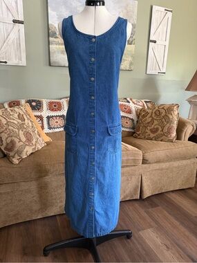 Vintage 90s Blue J Denim Maxi Dress L Button Front Utility Pockets Grunge